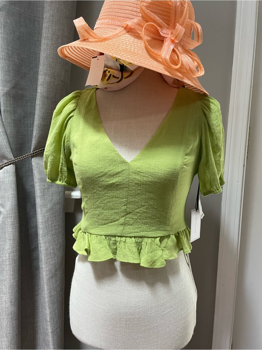 STATE Lime Green V-Neck Ruffle Hem Crop Top